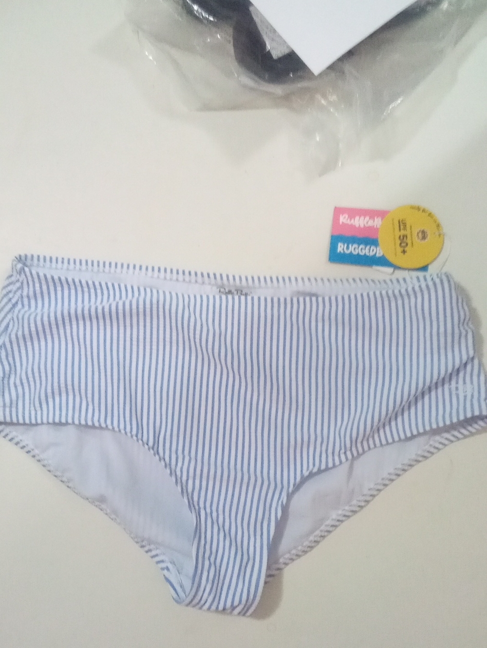 Ruffle Butts Blue & White Striped Swim Bottom Large NWT $40 Seersucker Stripe